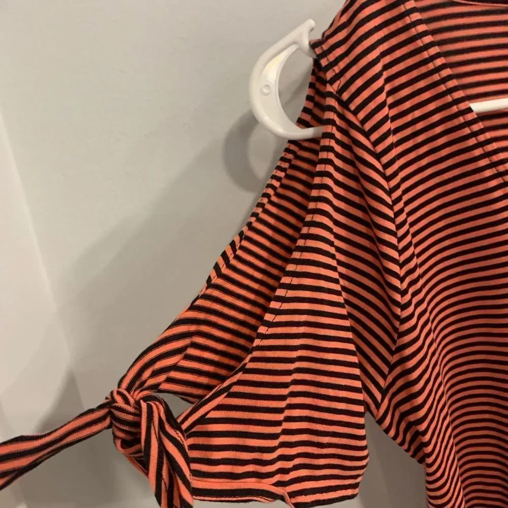 Michael Kors Salmon and Black Striped V-Neck Tee